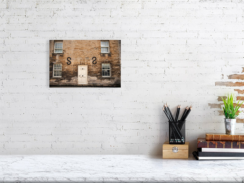 Old limescale brick building in historic town of Northleach, Cheltenham, Cotswold. Print or framed art photography, wall decor.
