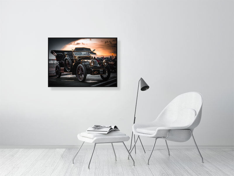 De Bion Bouton 1904 in evening light on a seafront of Brighton, Veteran Car Run 2023. Print or framed photography art.