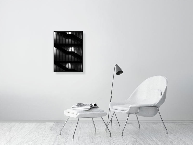 Stairs behind the glass at night. Print or framed art photography.