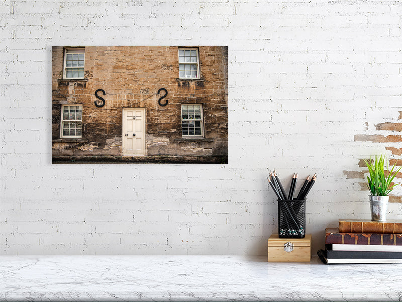 Old limescale brick building in historic town of Northleach, Cheltenham, Cotswold. Print or framed art photography, wall decor.