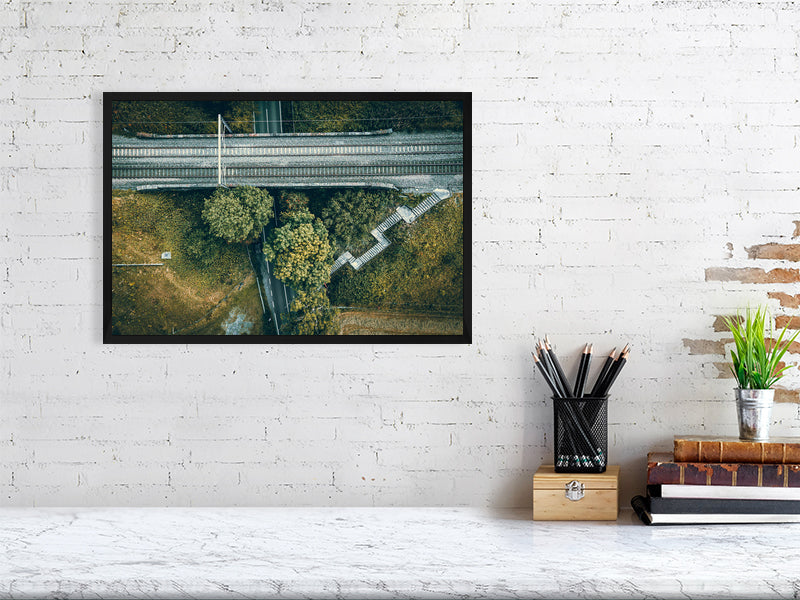 Aerial view of a small rail bridge over the road with footpath and steps leading to it. Print of Framed Photography art, wall decor.