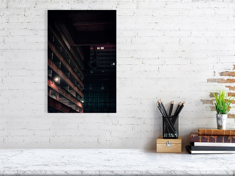 Night photo of architecture and building under renovation in centre of Brighton, print or framed art photography.