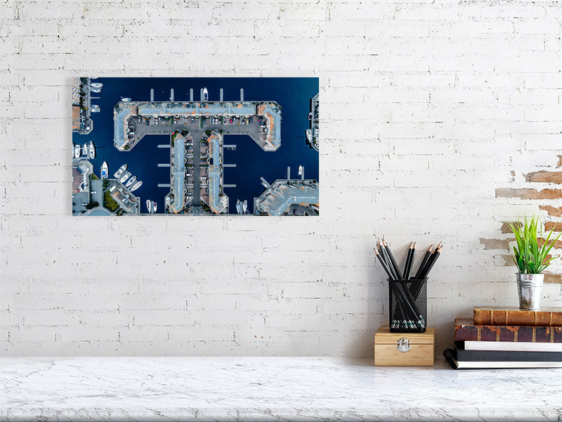 Aerial view of Brighton Marina blue waters with nice building geometry. Print of framed photography art.