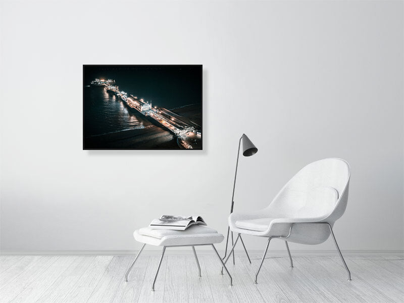 Brighton Pier on a cold winter Saturday night, surrounded by lights. Print or framed photography art.