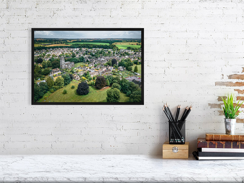 Aerial view of a historic town of Northleach, Cheltenham, Cotswold, UK. Print of framed photography art, wall decor.