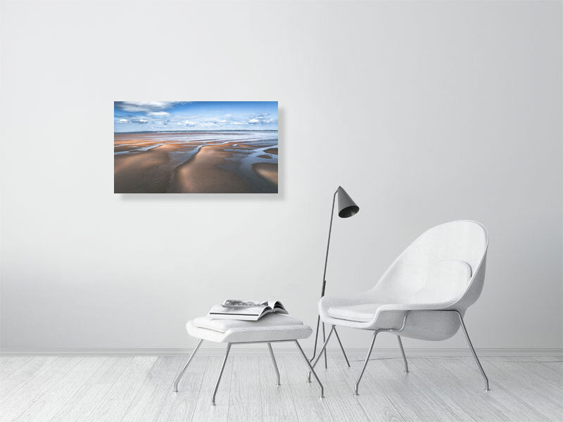 Dunes on a beach on a sunny day in Wales. Print photography art.