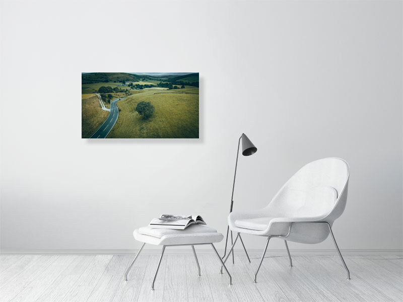 Aerial view of winding roads of Wincle, Macclesfield, surrounded by beautiful nature going through high hills and deep canyons. Print or framed photography art, wall decor.