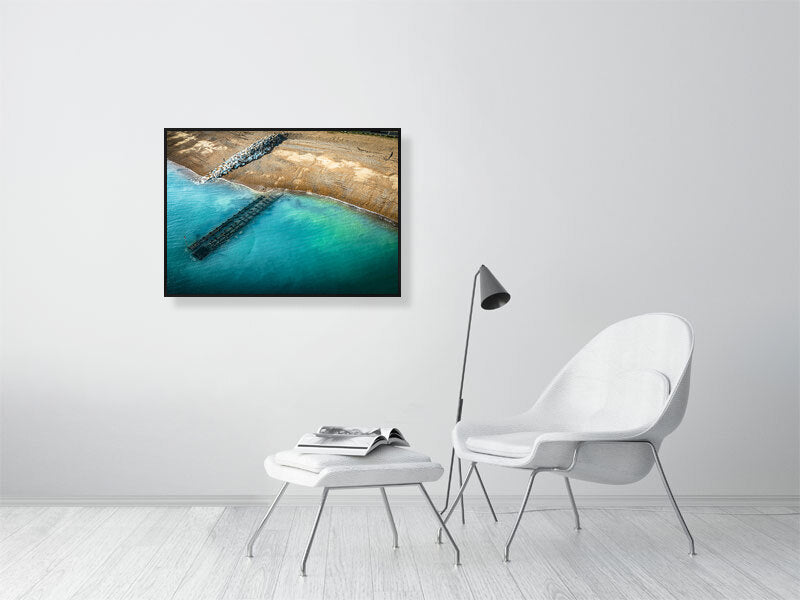 Aerial view of clear waters of West Sussex beach. Print or framed photography art.