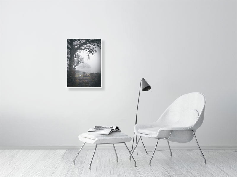 Misty morning on a farm in England, West Sussex. Framed print photography art.
