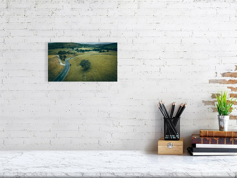 Aerial view of winding roads of Wincle, Macclesfield, surrounded by beautiful nature going through high hills and deep canyons. Print or framed photography art, wall decor.