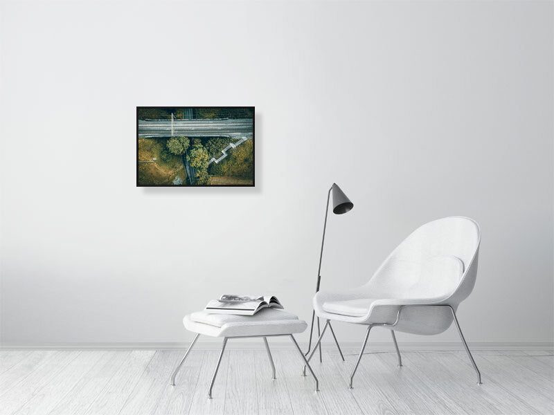 Aerial view of a small rail bridge over the road with footpath and steps leading to it. Print of Framed Photography art, wall decor.