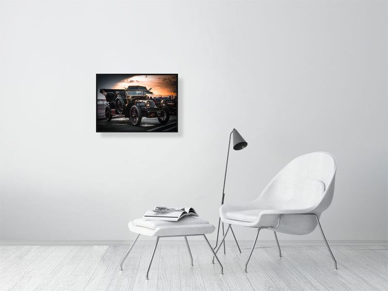De Bion Bouton 1904 in evening light on a seafront of Brighton, Veteran Car Run 2023. Print or framed photography art.