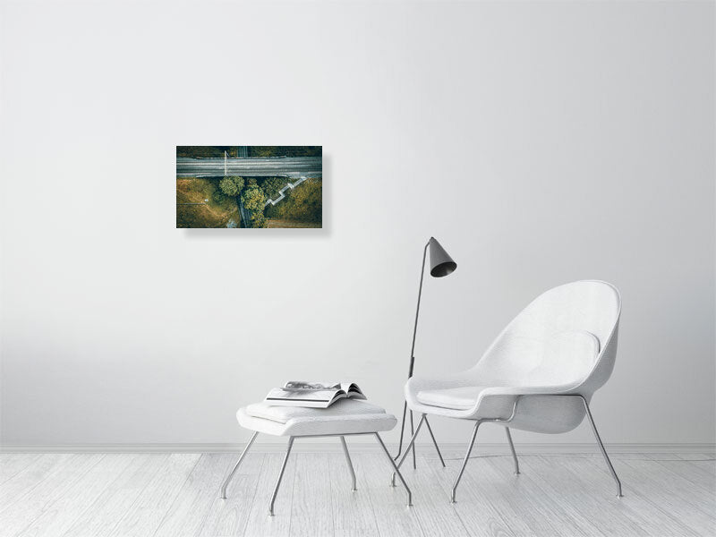 Aerial view of a small rail bridge over the road with footpath and steps leading to it. Print of Framed Photography art, wall decor.