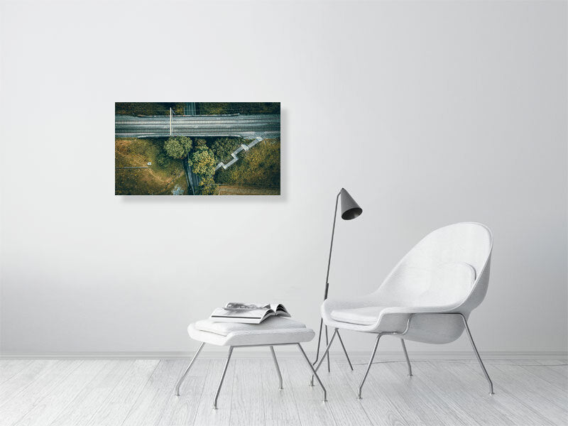 Aerial view of a small rail bridge over the road with footpath and steps leading to it. Print of Framed Photography art, wall decor.