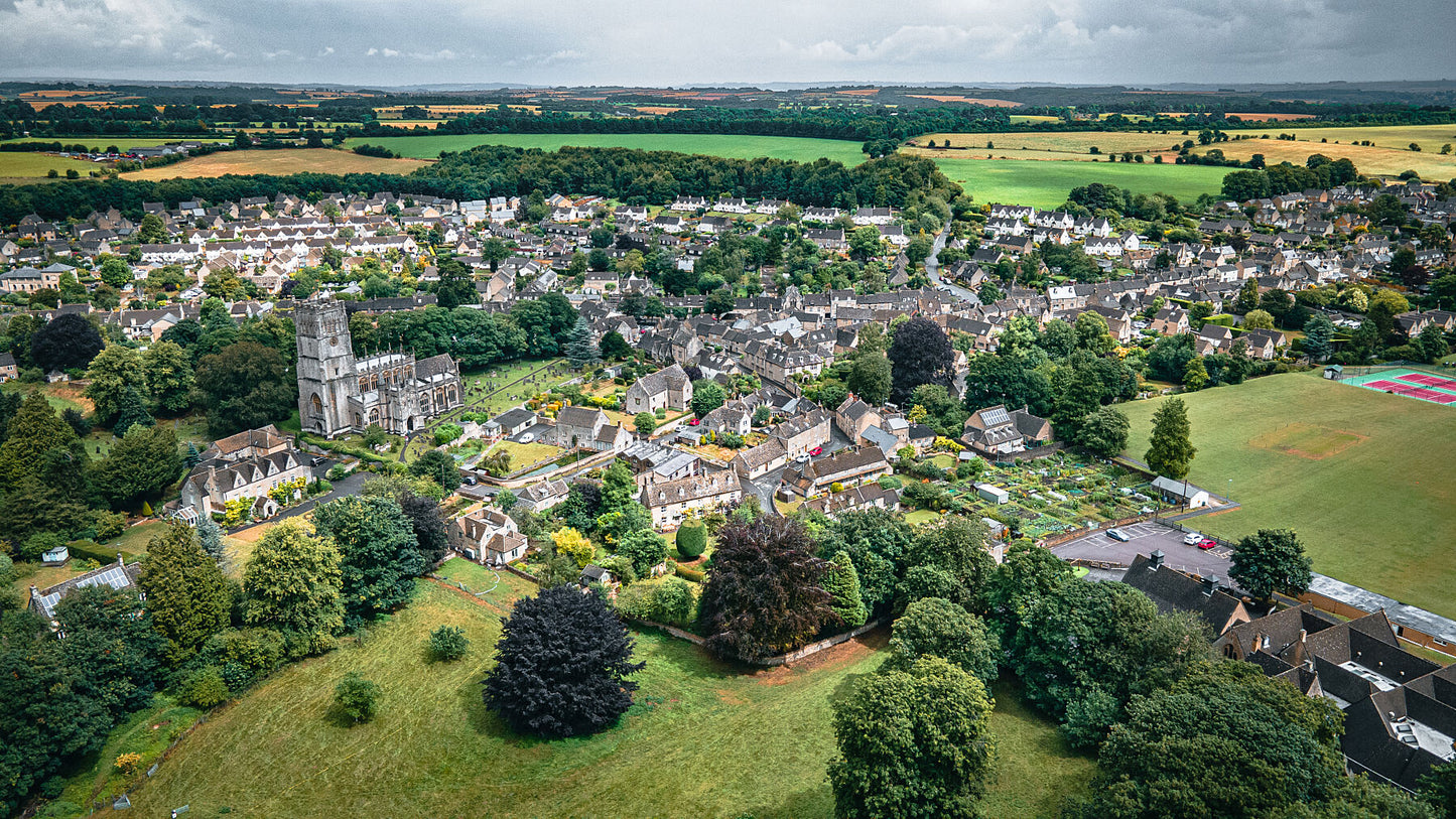 Aerial view of a historic town of Northleach, Cheltenham, Cotswold, UK. Print of framed photography art, wall decor.
