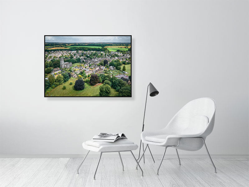 Aerial view of a historic town of Northleach, Cheltenham, Cotswold, UK. Print of framed photography art, wall decor.