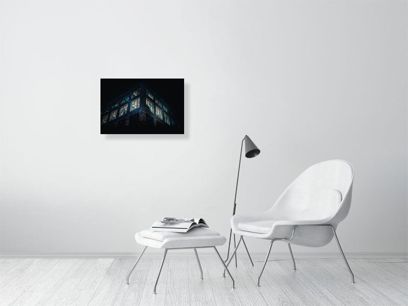 Late night blue office lights, modern building architecture in Brighton. Print or framed photography art.