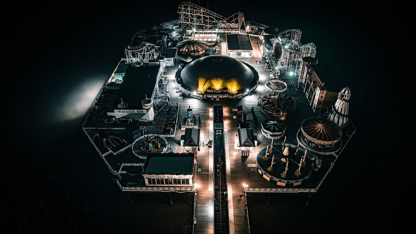 Aerial View of a end part of Brighton Pier on a cold winter night