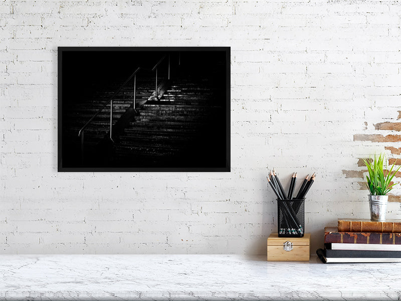 Low key photo of stairs on a rainy night in Brighton, print of framed art photography.