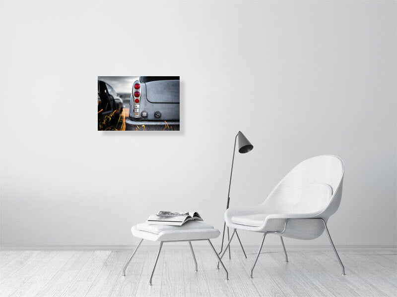 Old classic, American cab, used to be yellow taxi waiting for respray on calm evening. Print or framed art photography.