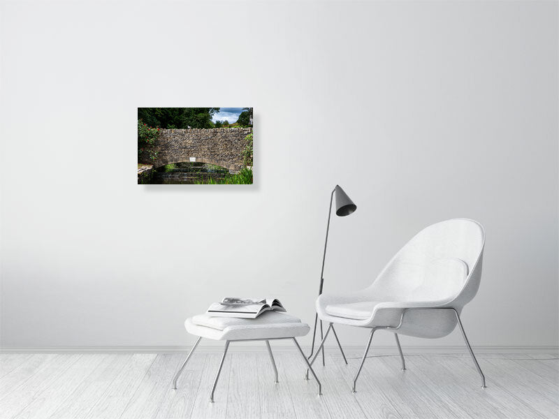 Old bridge with a pigeon on it, Northleach, Cheltenham, Cotswold, UK. Print of framed photography art, wall decor.