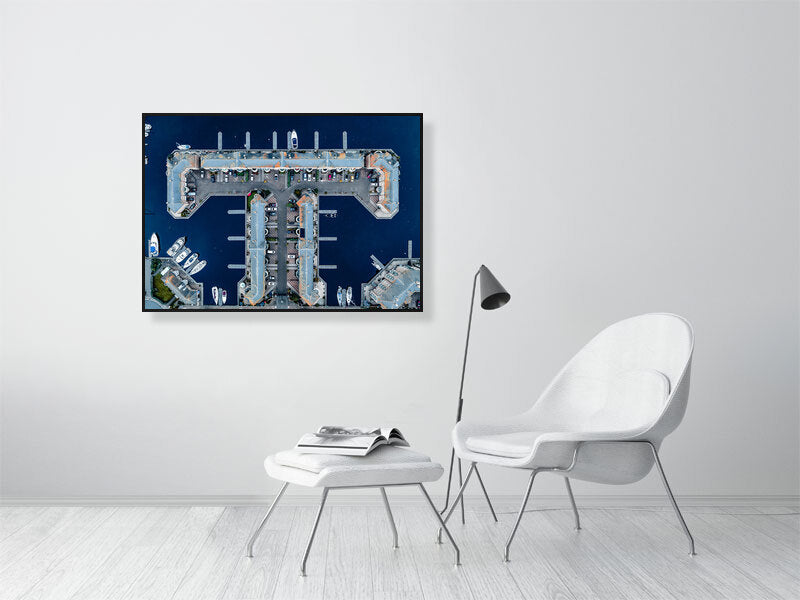 Aerial view of Brighton Marina blue waters with nice building geometry. Print of framed photography art.