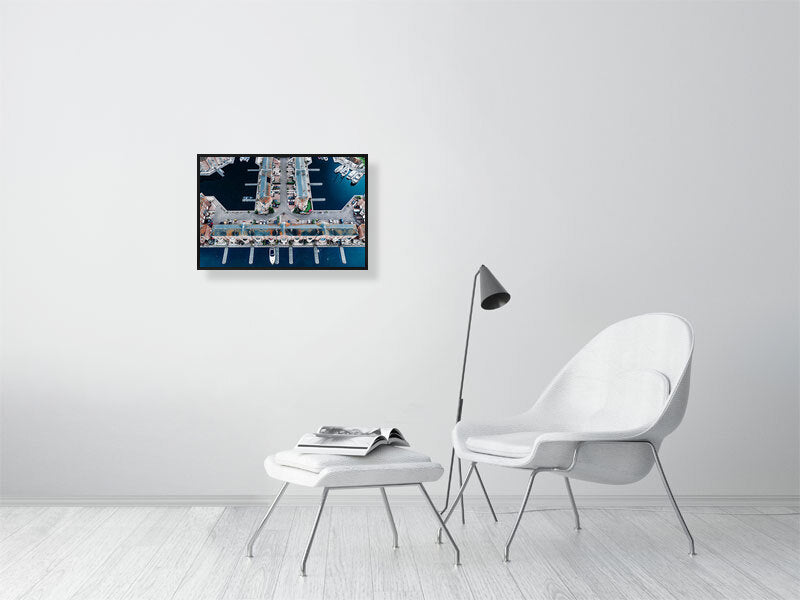 Aerial view of Brighton Marina blue waters with nice building geometry. Print of framed photography art.