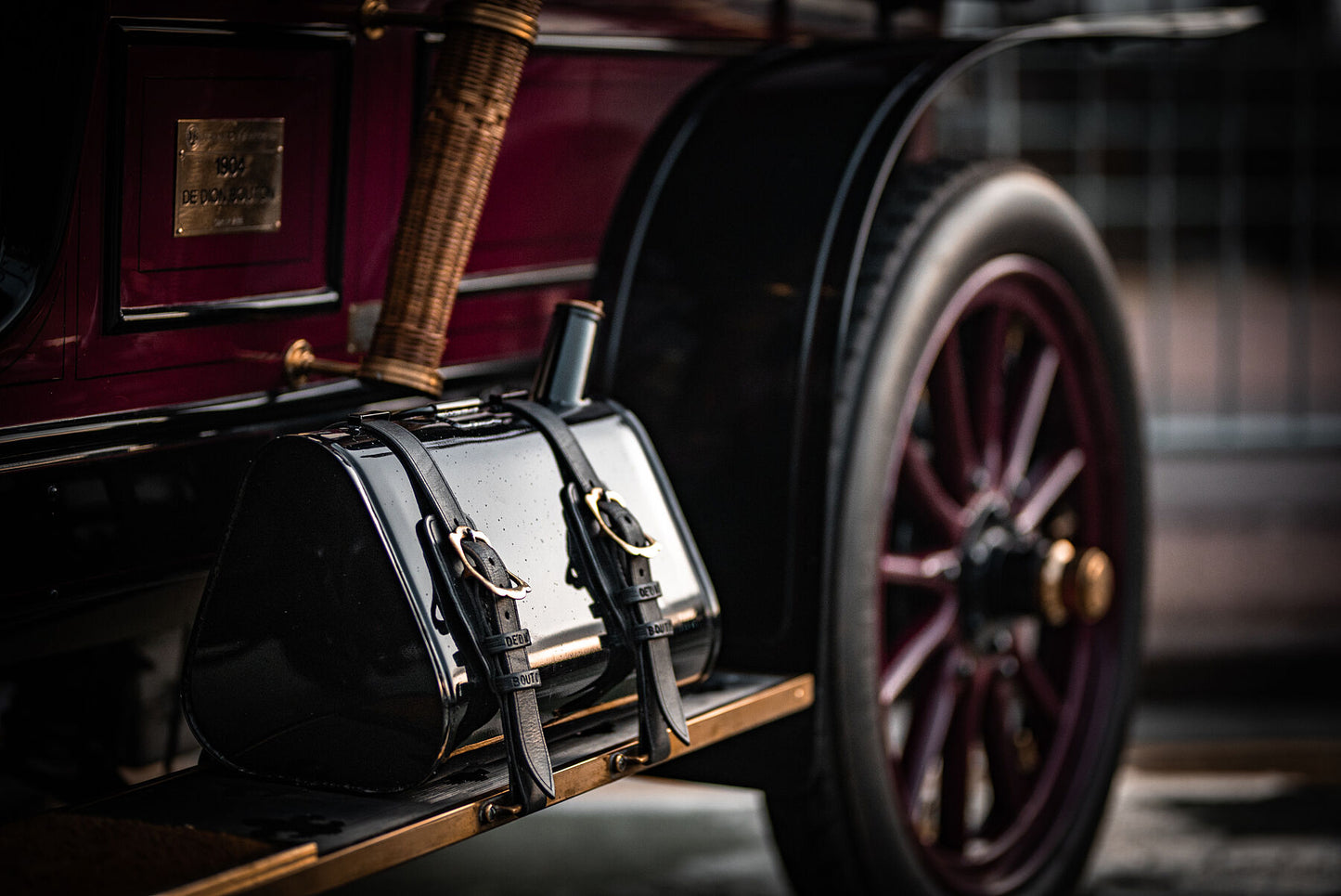 Extra fuel canister on a side of De Bion Bouton 1904, polished and reflective. Print or Framed photography art.