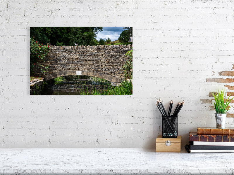 Old bridge with a pigeon on it, Northleach, Cheltenham, Cotswold, UK. Print of framed photography art, wall decor.