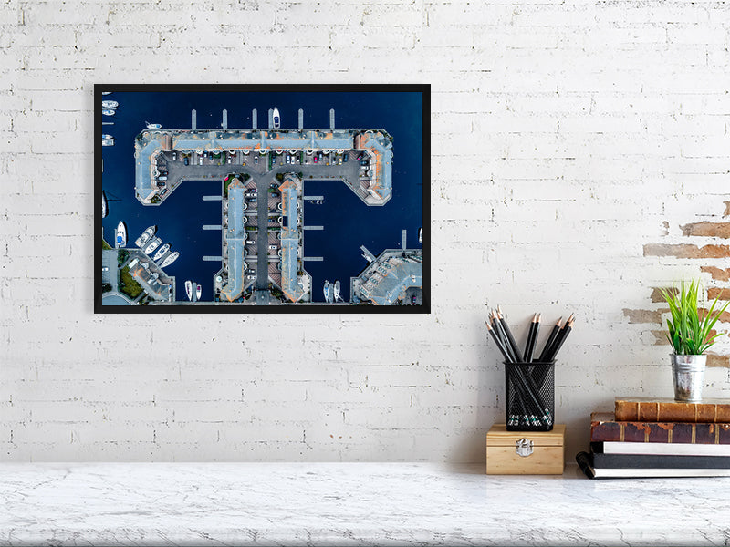 Aerial view of Brighton Marina blue waters with nice building geometry. Print of framed photography art.