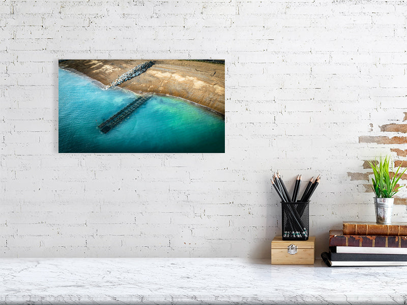 Aerial view of clear waters of West Sussex beach. Print or framed photography art.