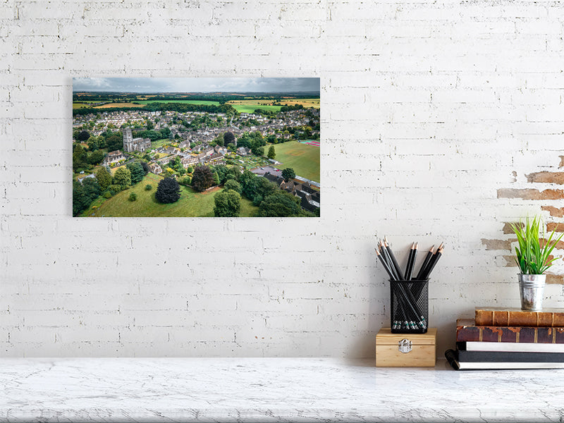 Aerial view of a historic town of Northleach, Cheltenham, Cotswold, UK. Print of framed photography art, wall decor.