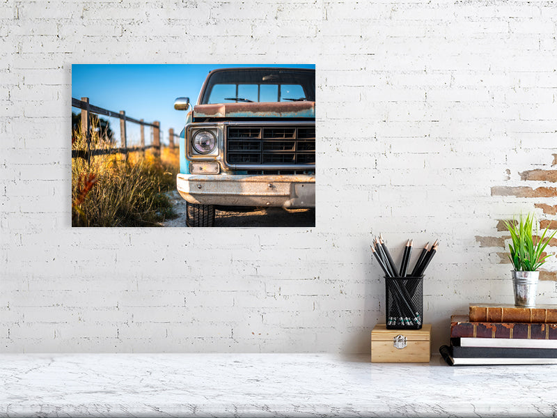 Classic Chevrolet truck form 70's at the farm on a warm sunny evening. Print or framed art photography.