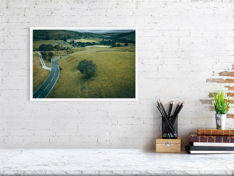 Aerial view of winding roads of Wincle, Macclesfield, surrounded by beautiful nature going through high hills and deep canyons. Print or framed photography art, wall decor.