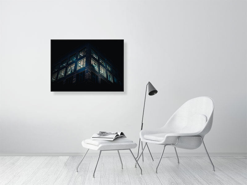 Late night blue office lights, modern building architecture in Brighton. Print or framed photography art.