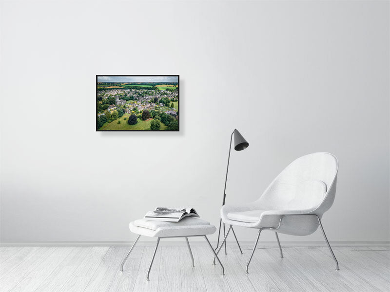 Aerial view of a historic town of Northleach, Cheltenham, Cotswold, UK. Print of framed photography art, wall decor.