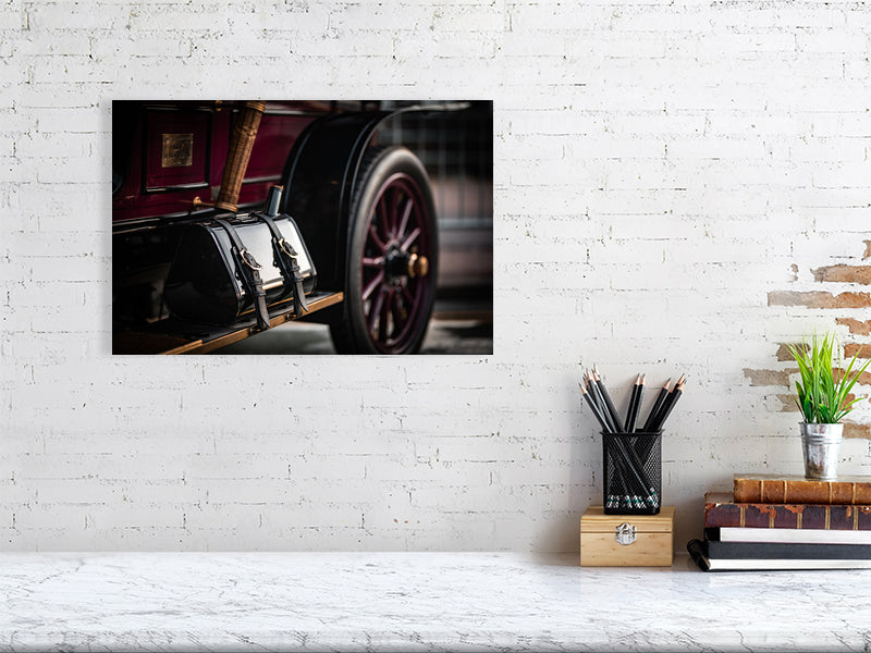 Extra fuel canister on a side of De Bion Bouton 1904, polished and reflective. Print or Framed photography art.