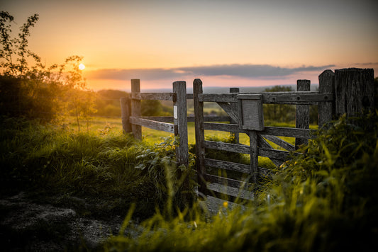 Gate in a wooden fence on a footpath toward a field on a tall hill close to Brighton. Printed or framed art photography.