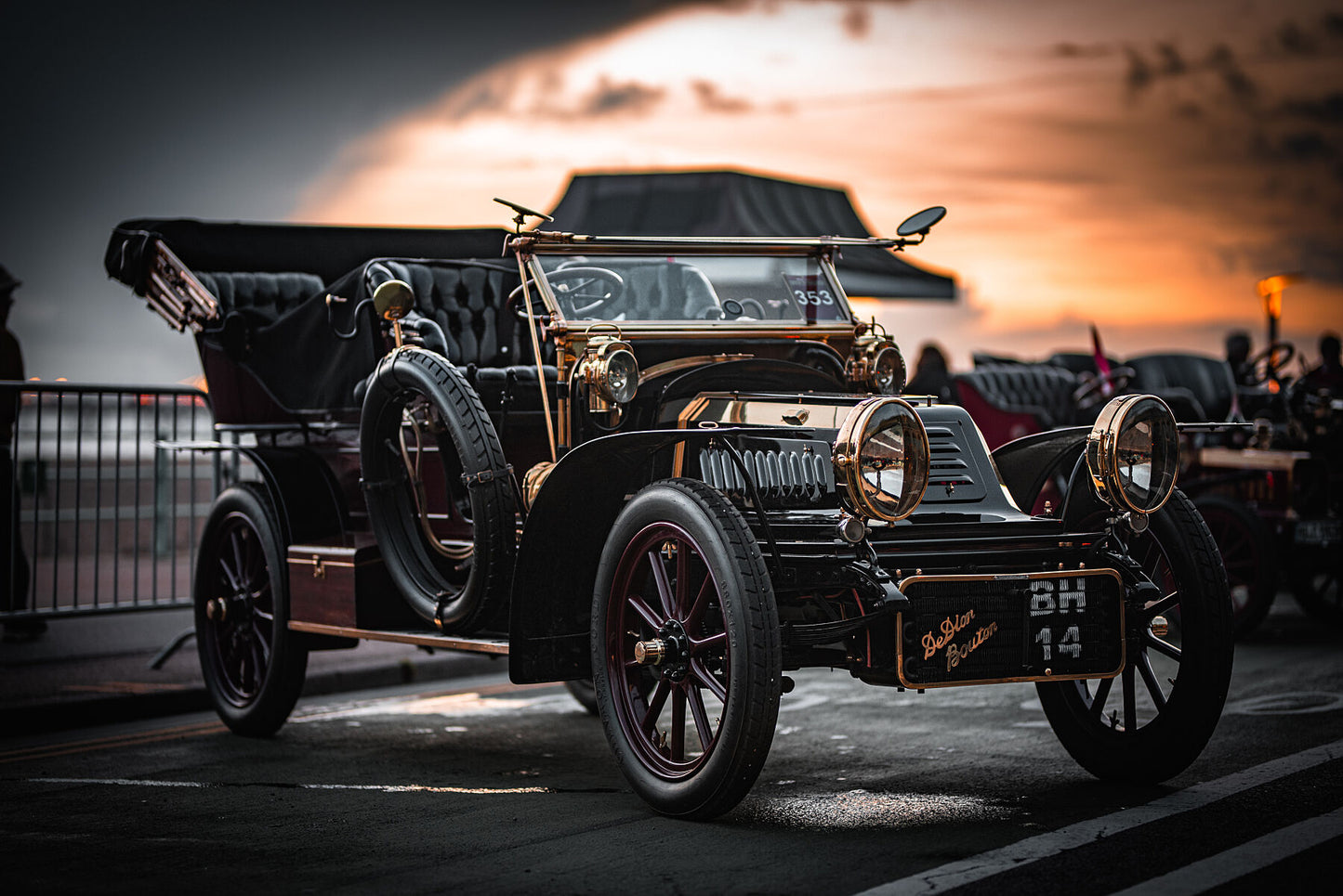 De Bion Bouton 1904 in evening light on a seafront of Brighton, Veteran Car Run 2023. Print or framed photography art.