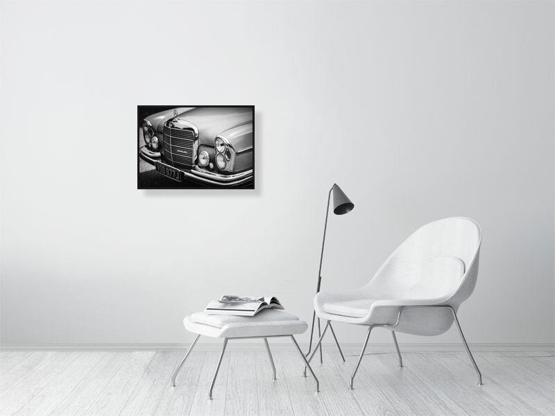 Classic, luxury Mercedes-Benz W109 W108 280SE in black and white. Print or framed art photography.