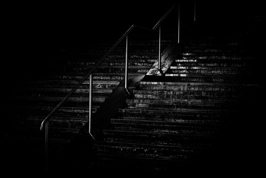 Low key photo of stairs on a rainy night in Brighton, print of framed art photography.