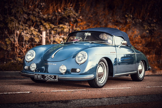 Classic Porsche 356 Convertible in blue on a autumn background somewhere in Brighton.  Automotive Photography, classic car, vintage vehicle, car photography, art print, wall decor.