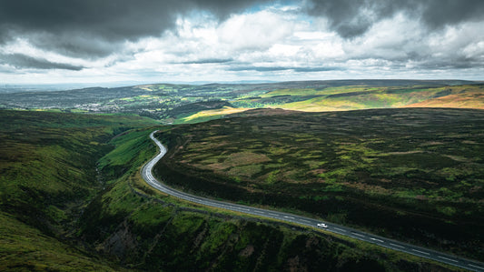 Snake Pass Summit, Sheffield, Yorkshire on a rather windy and cloudy day, aerial, drone photography, print unframed, art photography./