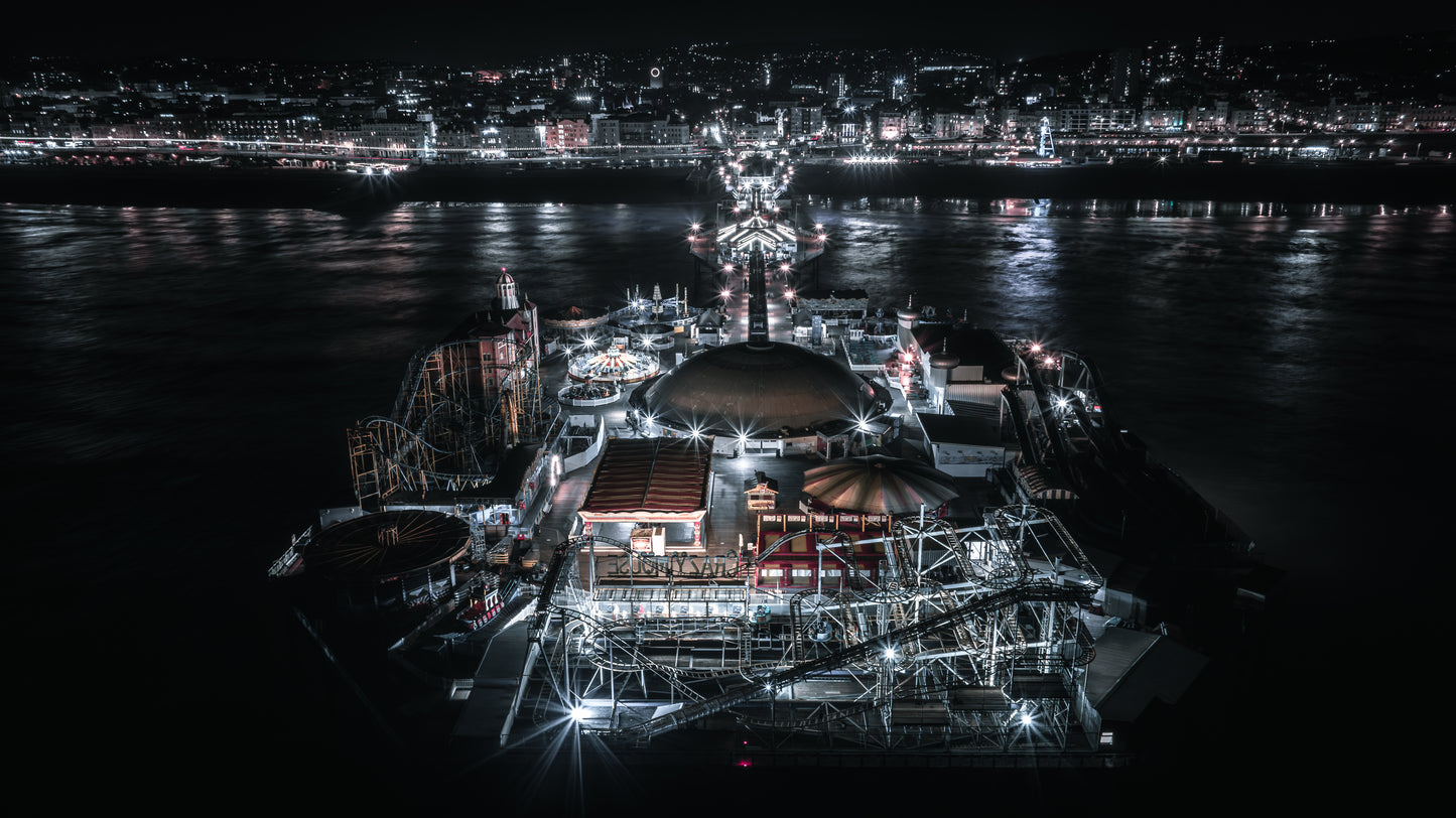 Brighton Pier in cold colors on a cold night, Brighton and Hove, East Sussex, UK. Framed or unframed photo print, photography art, wall decor.