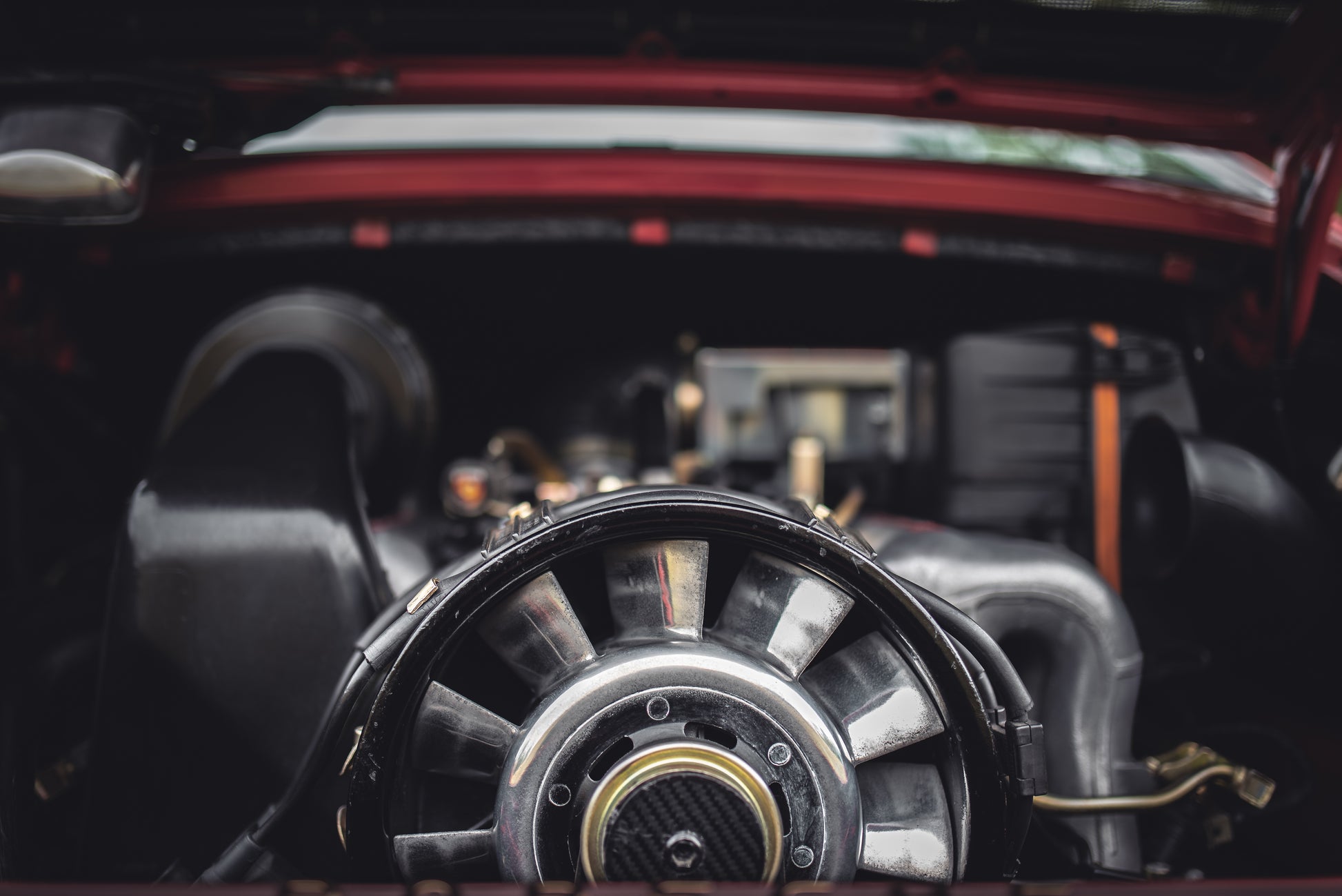 Porsche 911 Carrera 930 engine bay, cooling fan to be precise. Automotive car photography, Photo print, framed or unframed photography art.