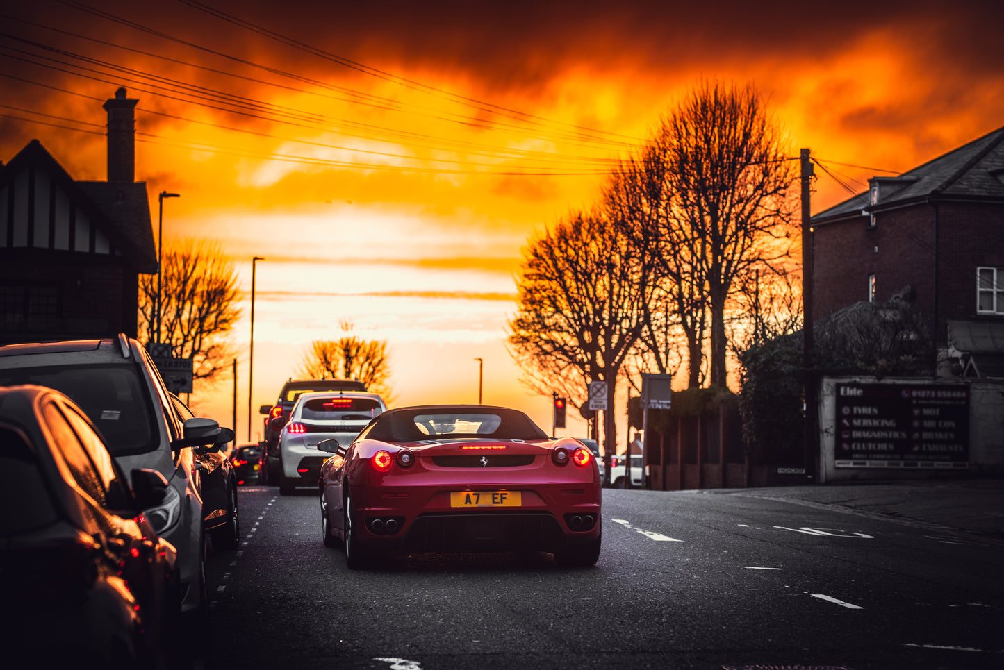 Ferrari F430 F1 Spider on apocalyptic sunset background. Automotive Photography, classic car, vintage vehicle, car photography, art print, wall decor.
