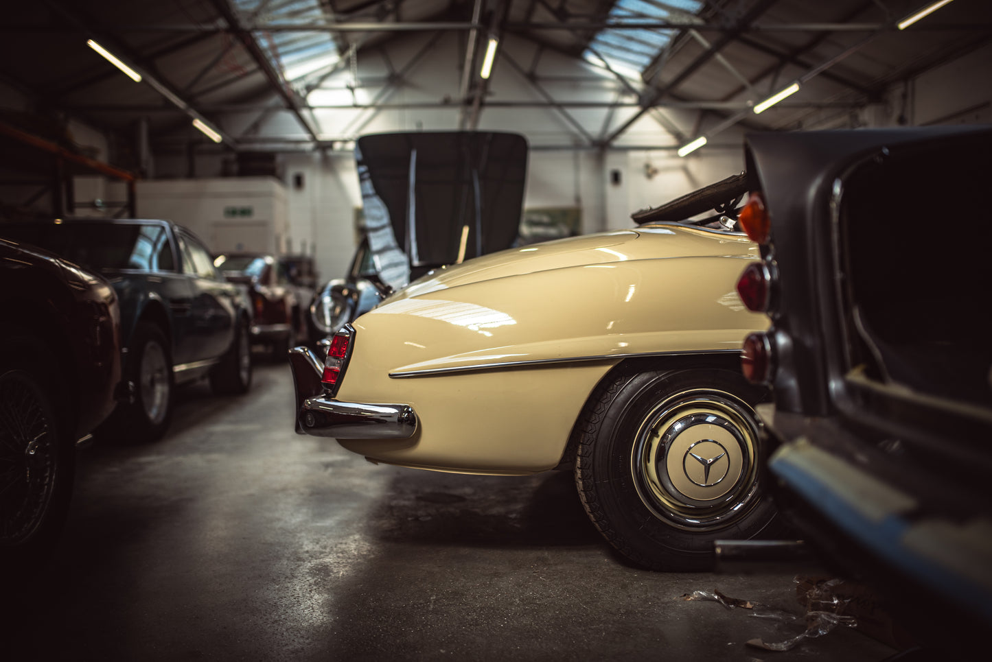 1958 Mercedes-Benz 190 SL W121 restauration project, parked up in a garage. Automotive Photography, classic car, vintage vehicle, car photography. Photo prints, wall decor.