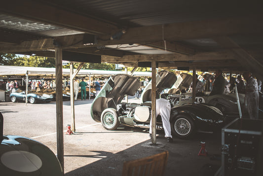 Classic vintage race cars on a pit stop race preparation, photo print, unframed wall decor