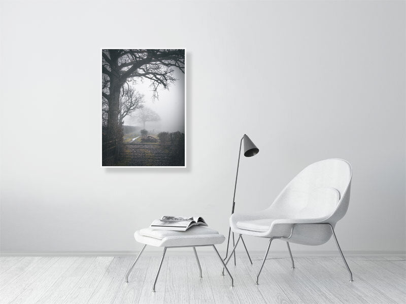 Misty morning on a farm in England, West Sussex. Framed print photography art.