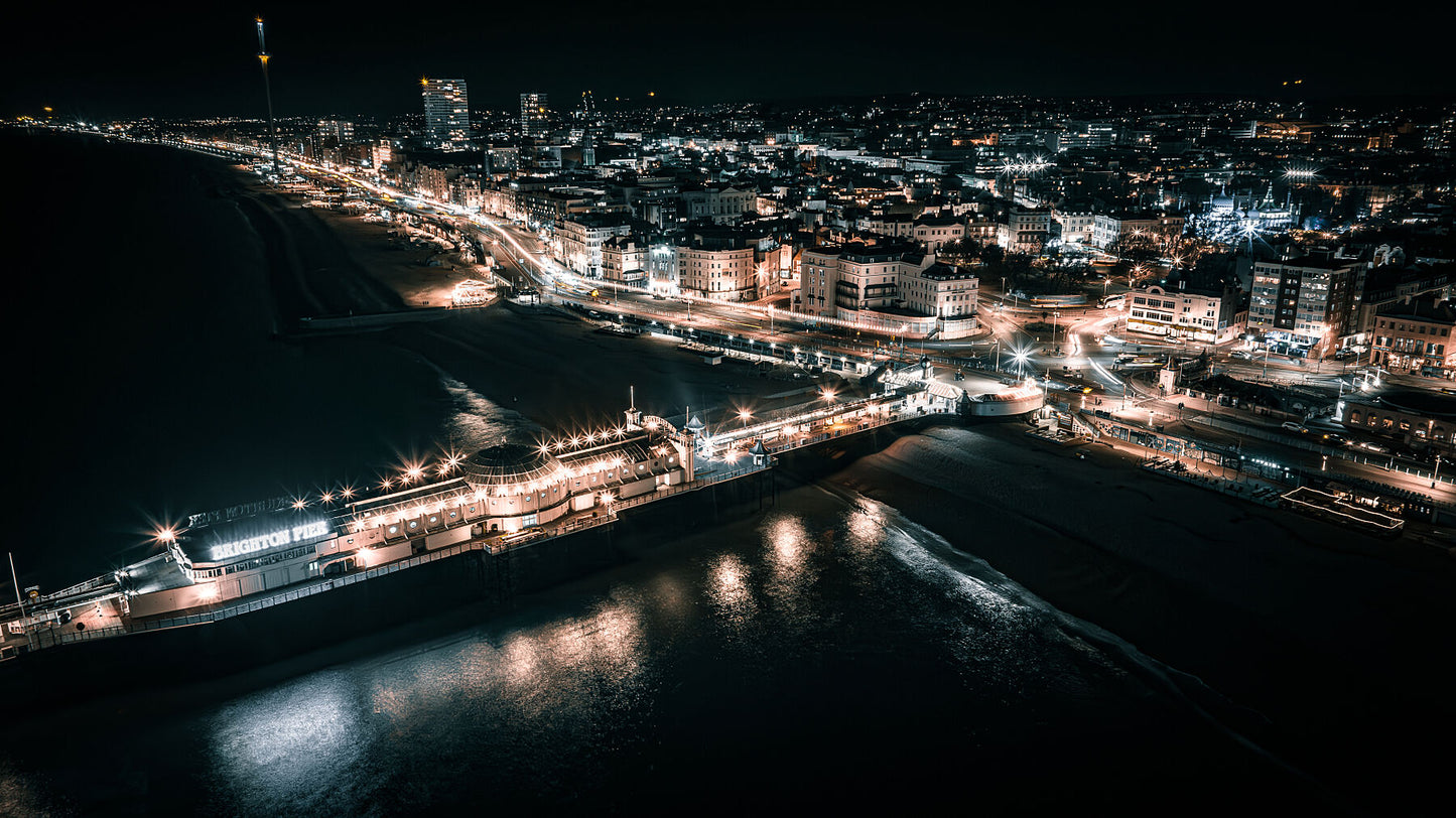 Aerial View of Brighton Pier on a cold winter night. Print or framed photography art.